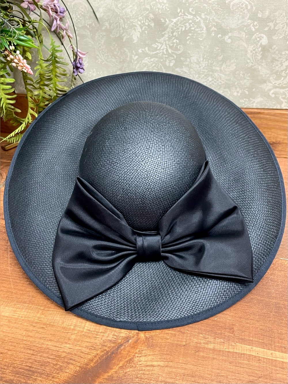 Vintage 80s Georgi Black Wide Brim Dress Hat Statement Bow Church Derby
